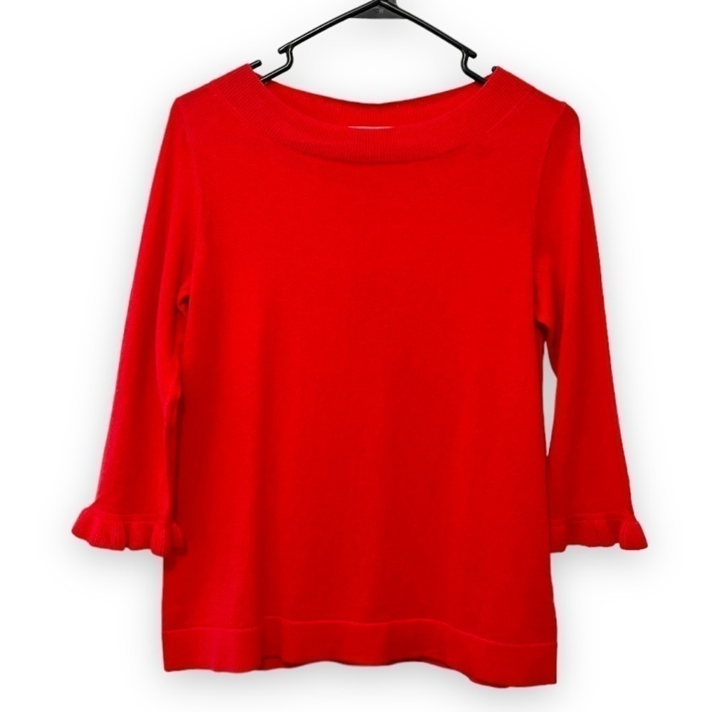 Pure Collection Coral Pink Cashmere Blend Ruffle Cuff Scoop neck sweater NWT